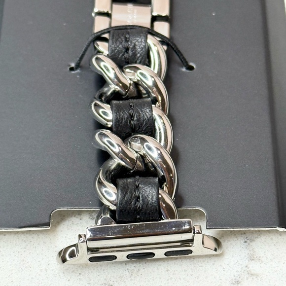 COACH Women's Silver-Tone Black Leather Chain Link Bracelet for Apple Watch - Picture 5 of 7